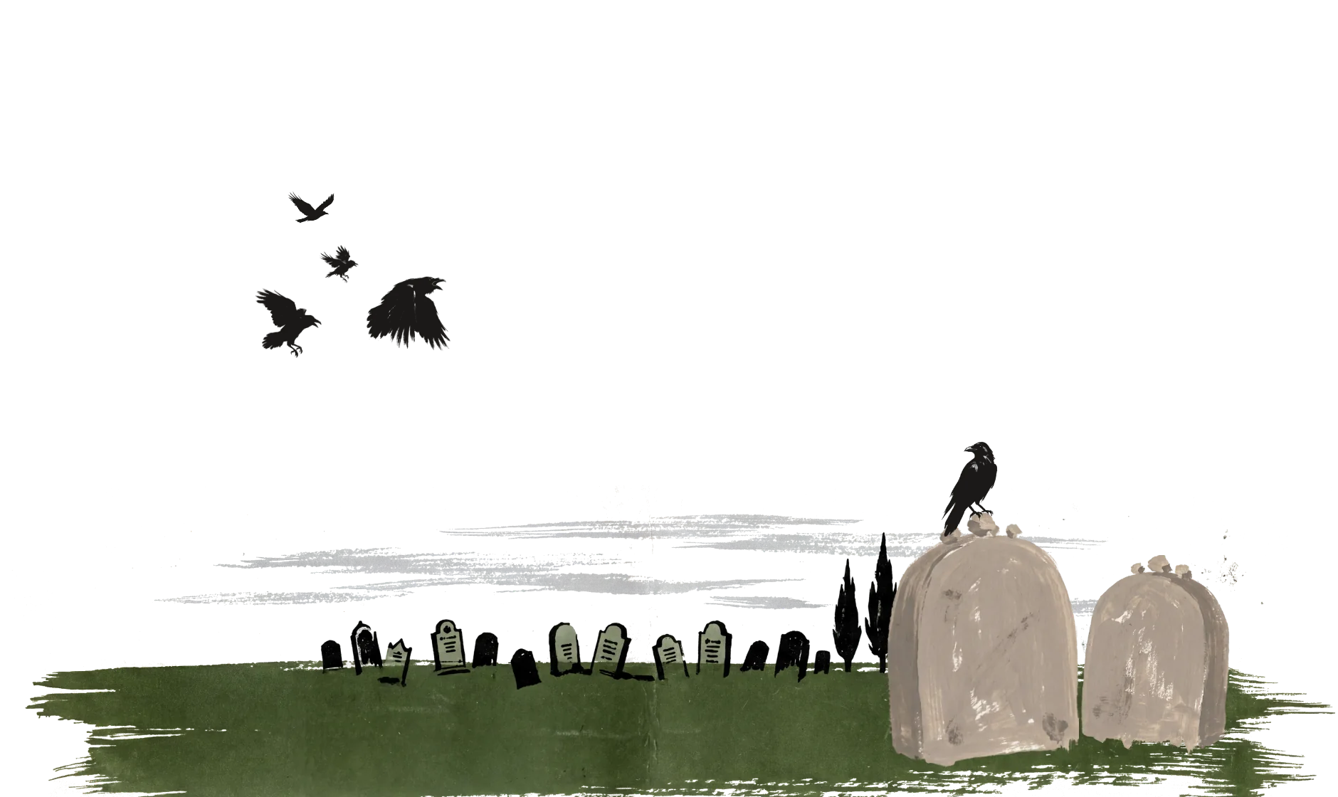 A painted cemetery on a green band of grass. Four crows wheel in the sky; a fifth stands on the larger of two headstones and supervises.